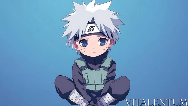 Chibi silver-haired ninja sits centered on blue background