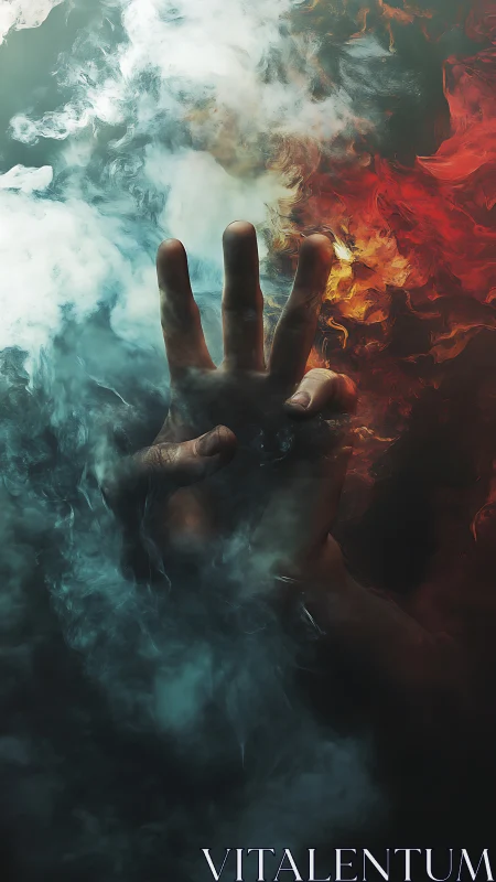 Hand rising through fire and smoke in dramatic contrast.