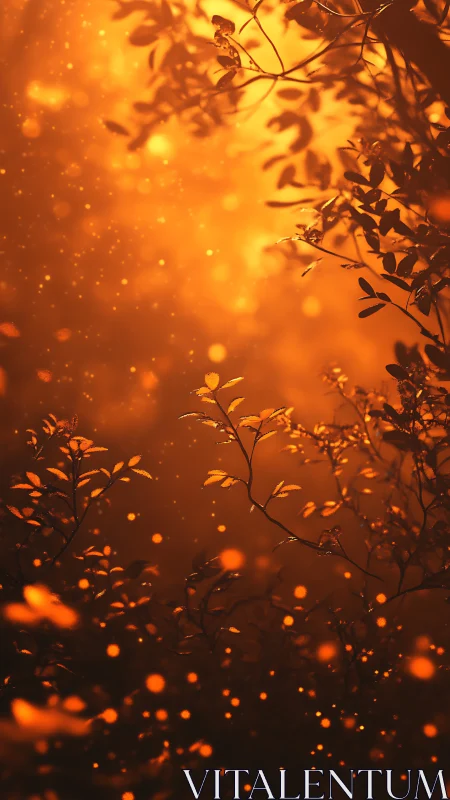 Silhouetted botanical forms with bokeh illumination against warm luminous background.