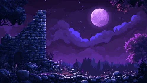 Moonlit ruin and lavender clouds above quiet pixel wilds.