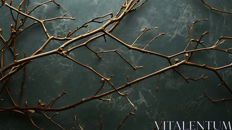 Bare tree branches against textured dark green background, minimalist style.