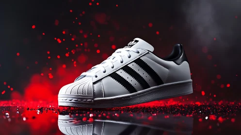 Photoreal sneaker close-up with dramatic red particle bokeh