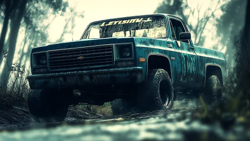 Rustic Chevy truck powering through misty forest mud trail.