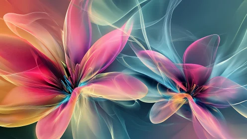 Digital abstract flowers form translucent layered petals vividly