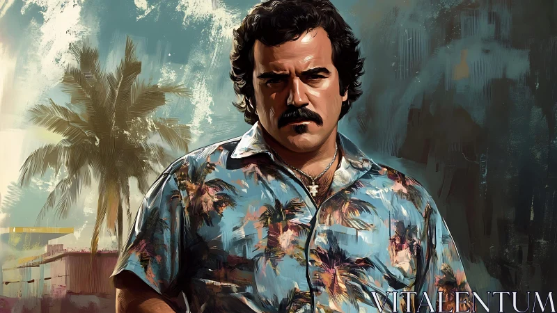 Brooding man in tropical shirt beneath stormy palm skies.