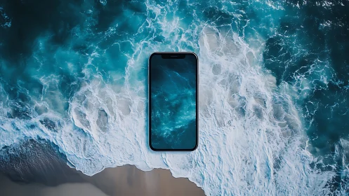 Smartphone lies centered over aerial ocean wave backdrop