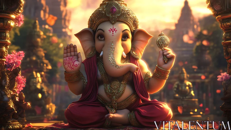 Digital render shows seated Ganesha figure in temple setting