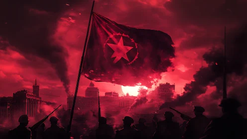 War-torn city skyline under a blood-red revolutionary banner.