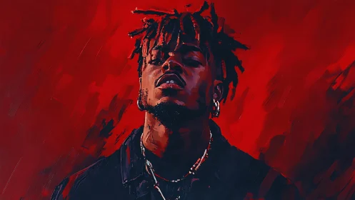 Expressive digital portrait against gestural crimson field