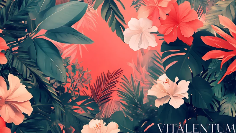 Tropical floral composition with coral background.
