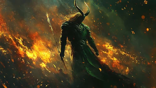 Horned dark warlord strides through infernal firestorm.