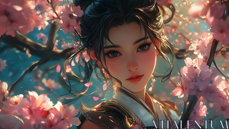 Blossom crowned warrior maiden beneath drifting spring petals.