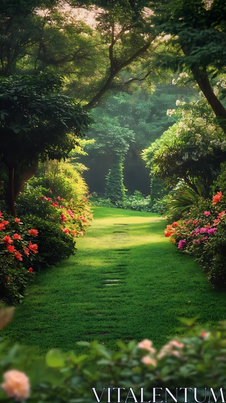 Lush floral garden corridor with diffused canopy lighting.