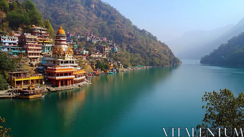 Colorful riverside temple town beside calm turquoise water.