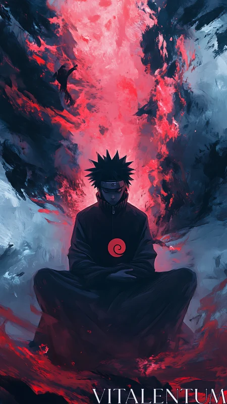 Dark robed ninja meditating amid swirling red flames.
