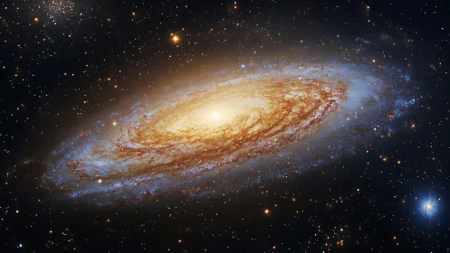 Spiral galaxy portrait with luminous stellar core focus.