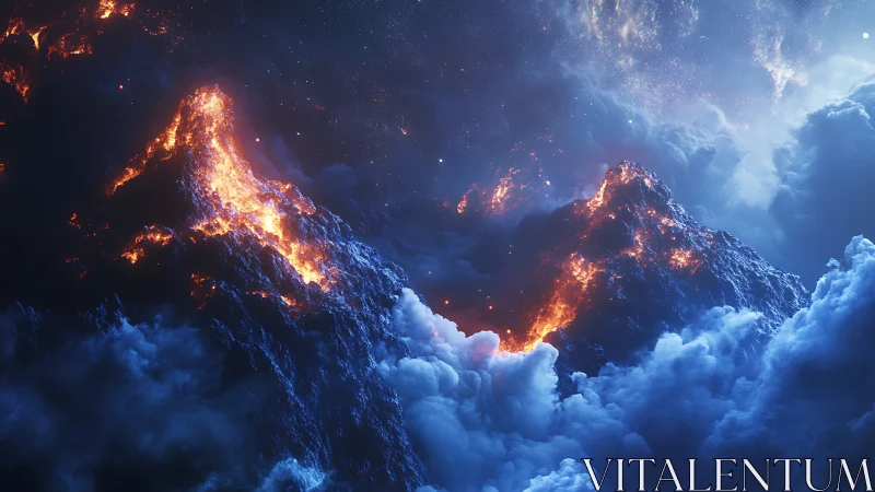 Volcanic Mountains with Lava and Clouds Against Starry Sky
