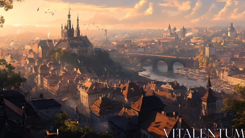 Golden-hour fantasy city with river bridges and tall spires.