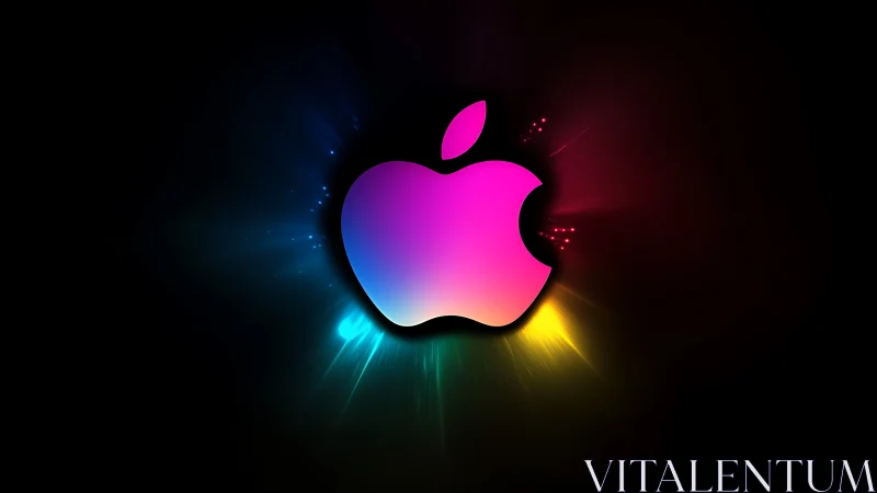 Neon apple emblem ignites a prismatic halo in deep space.