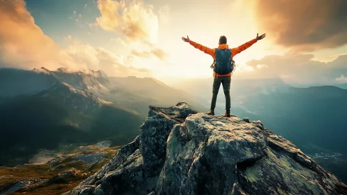 Sunlit summit hiker embracing panoramic mountain dawn.