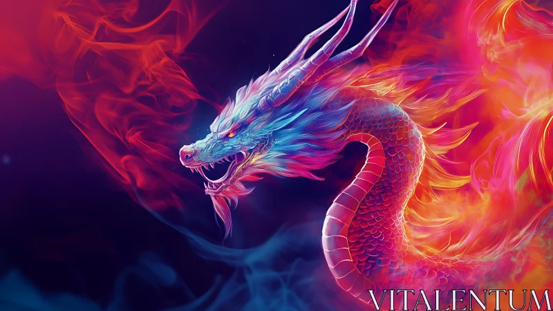 Radiant neon dragon coils through swirling cosmic flames