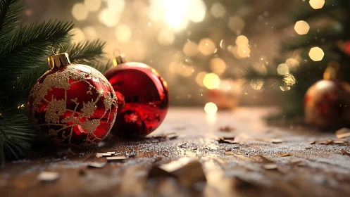 Red glass baubles rest among pine boughs in festive bokeh light