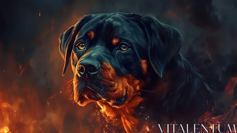Firelit guardian dog studies embers with steady, glowing calm