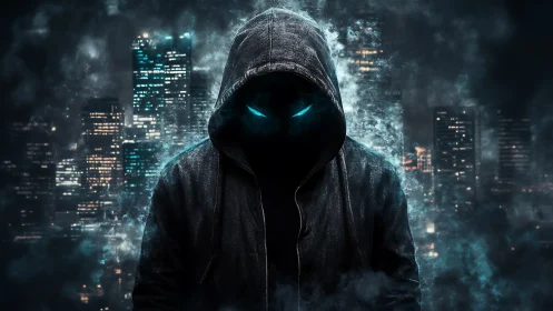 Hooded cyber phantom stalks neon city in electric haze.