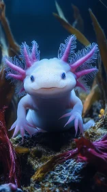 Underwater close-up of pale axolotl with pink gills.
