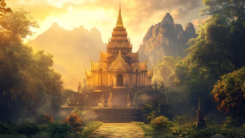 Golden mountain temple rises through misty jungle sunrise