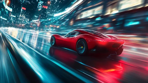 Scarlet hypercar racing through neon drenched future city streets.