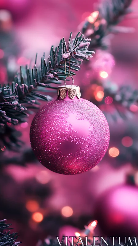 Pink glitter ornament hangs on fir branch with defocused lights