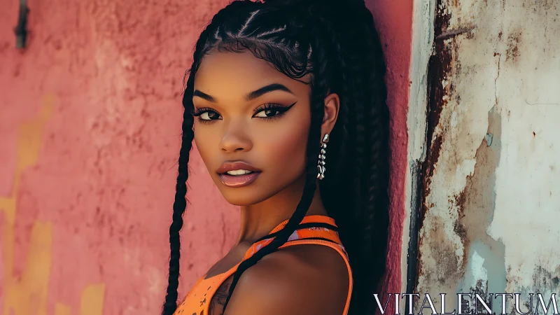 Portrait of woman with braids against textured urban wall.