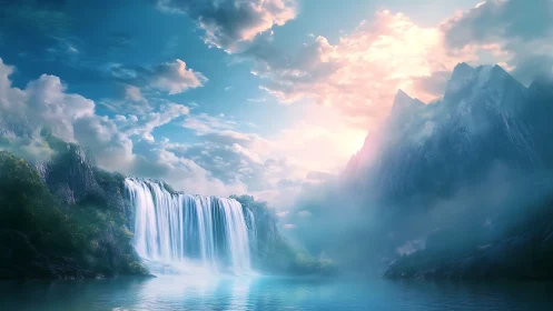 Digital landscape with waterfall, mist and distant mountains.