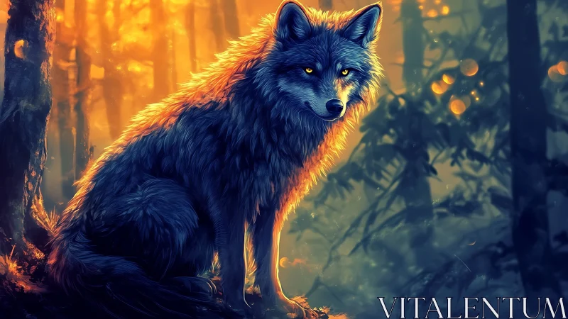 Digitally rendered wolf stands in a backlit forest scene