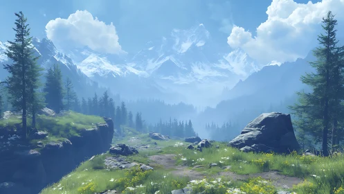 Alpine conifer valley with rocky trail and snowcapped massif