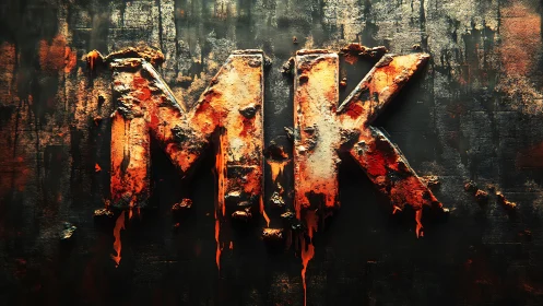 Rugged molten MK letters glow against a dark charred wall