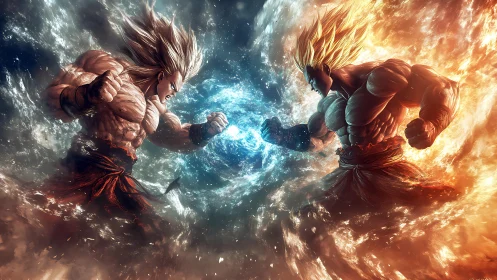 Elemental superhuman duel with opposing fire and ice auras