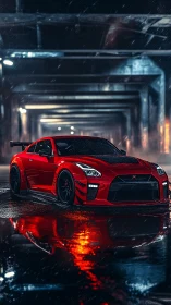 Red sports car is parked in wet urban tunnel at night