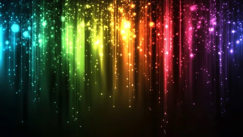 Cascading neon light trails form a radiant rainbow curtain.