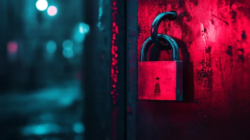Steel padlock glows under neon red cyberpunk street light.