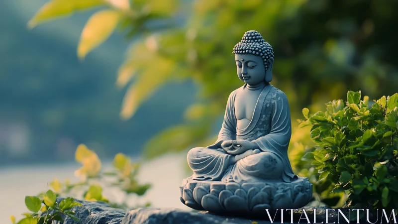Peaceful garden Buddha statue in soft evening light.
