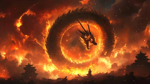 Fiery serpentine dragon coils above burning pagoda landscape