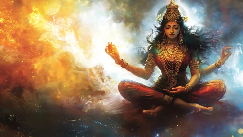 Divine female figure in cosmic meditation pose artwork.