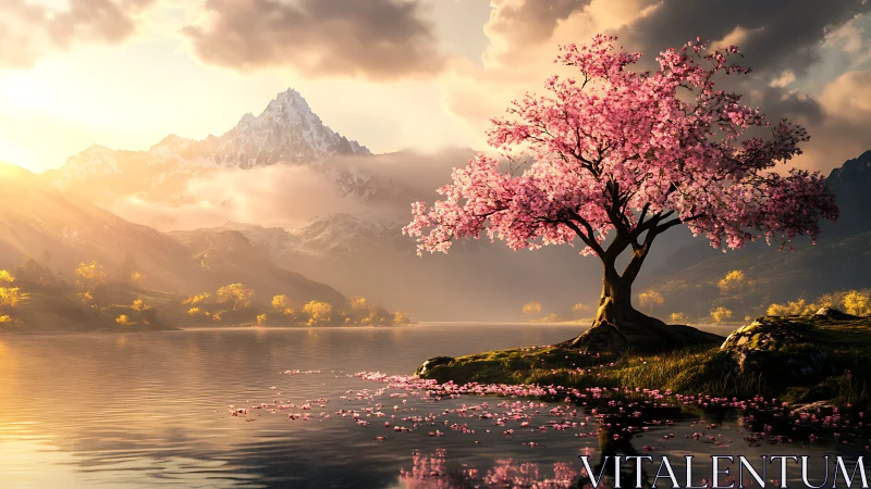 Sunlit cherry blossom tree beside tranquil mountain lake.