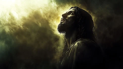 Dramatic side-lit figure gazing upward in luminous mist.