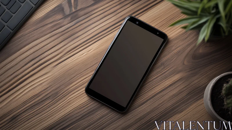 Black smartphone displayed on wooden desk with workspace elements