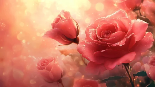 Blooming Coral Roses with Dewdrops Against Luminous Bokeh.