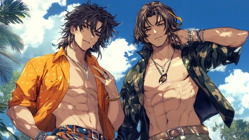 Two shirtless men in patterned shirts under clear sky.