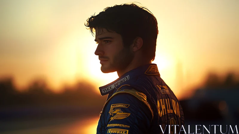 Photorealistic profile of racing driver in sunset backlight.